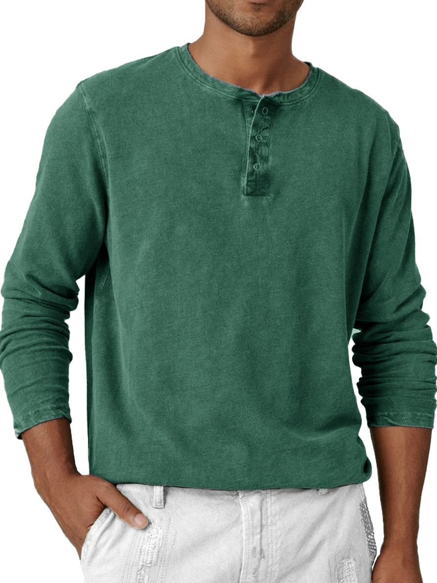 Men's Fashion Retro Distressed Round Neck Long Sleeve Henley Shirt
