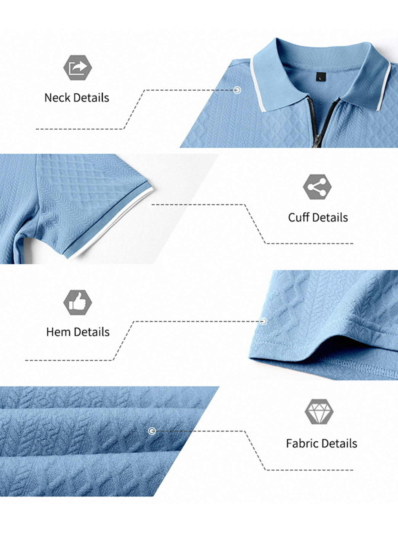 Men's Casual Jacquard Textured Collar Zipper Short-Sleeve Polo Shirt