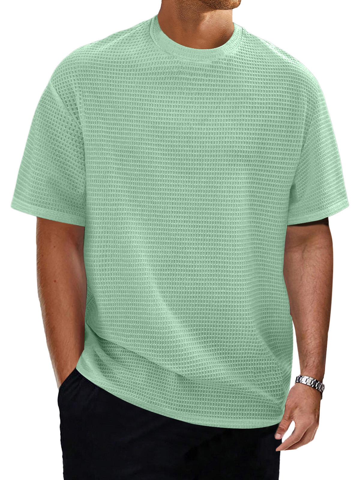 Men's casual round neck waffle texture solid color short-sleeved T-shirt
