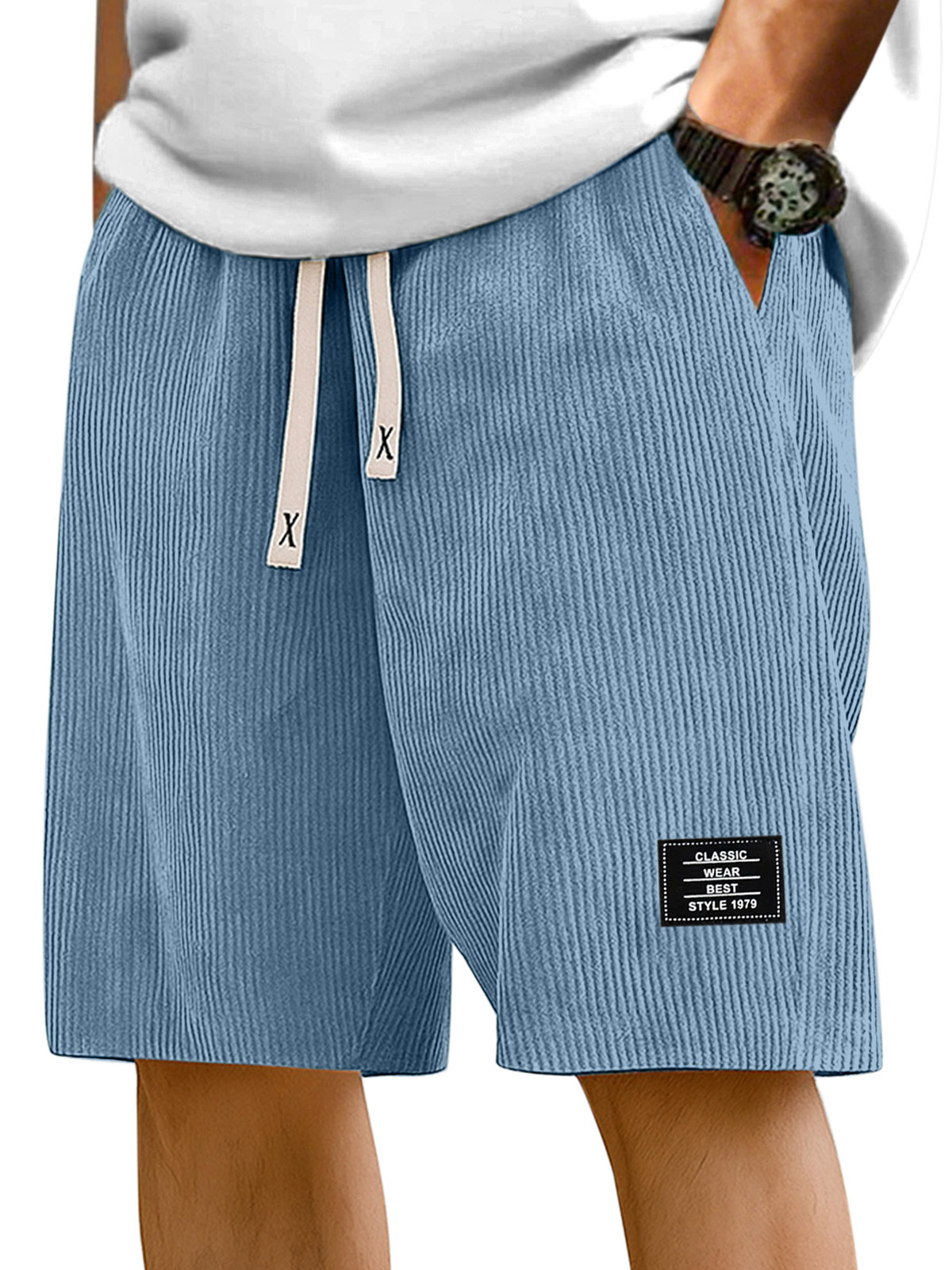 Men's Simple Solid Color Pit Stripe Logo Casual Shorts