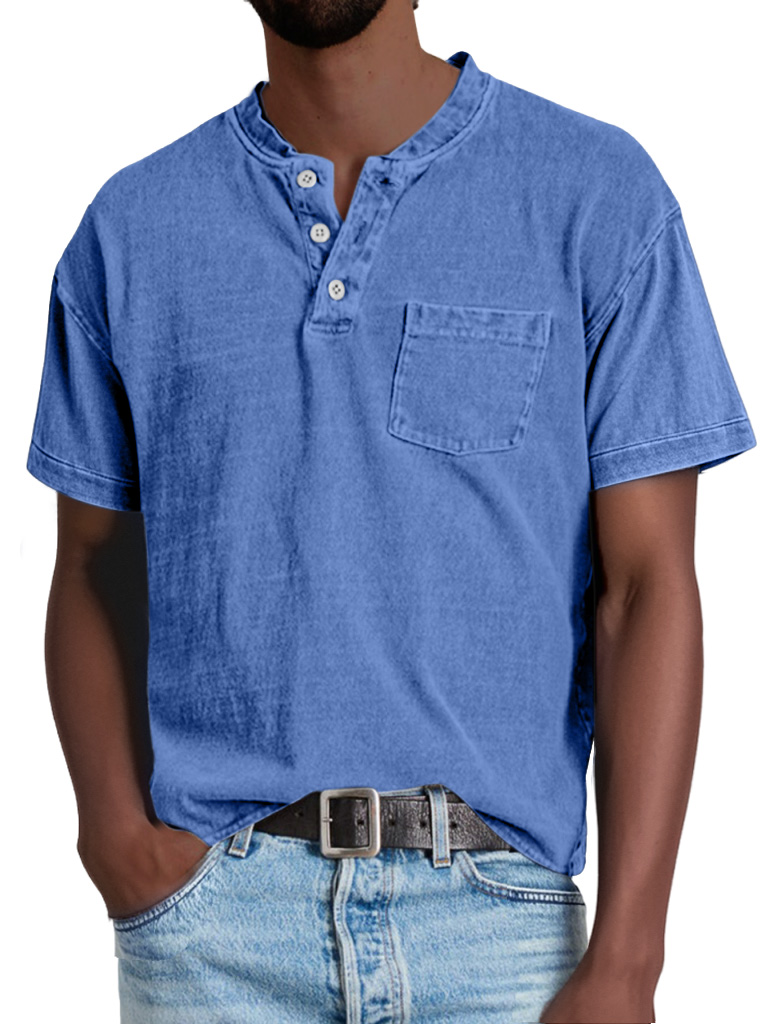 Men's Retro Casual Solid Color Pocket Short Sleeve Henley Shirt