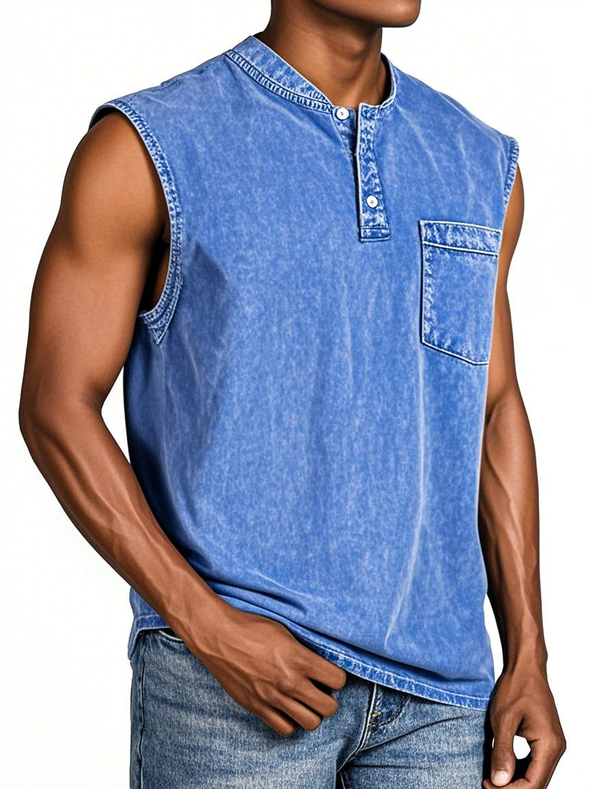 Men's Everyday Retro Solid Color Loose Sleeveless Henley Shirt