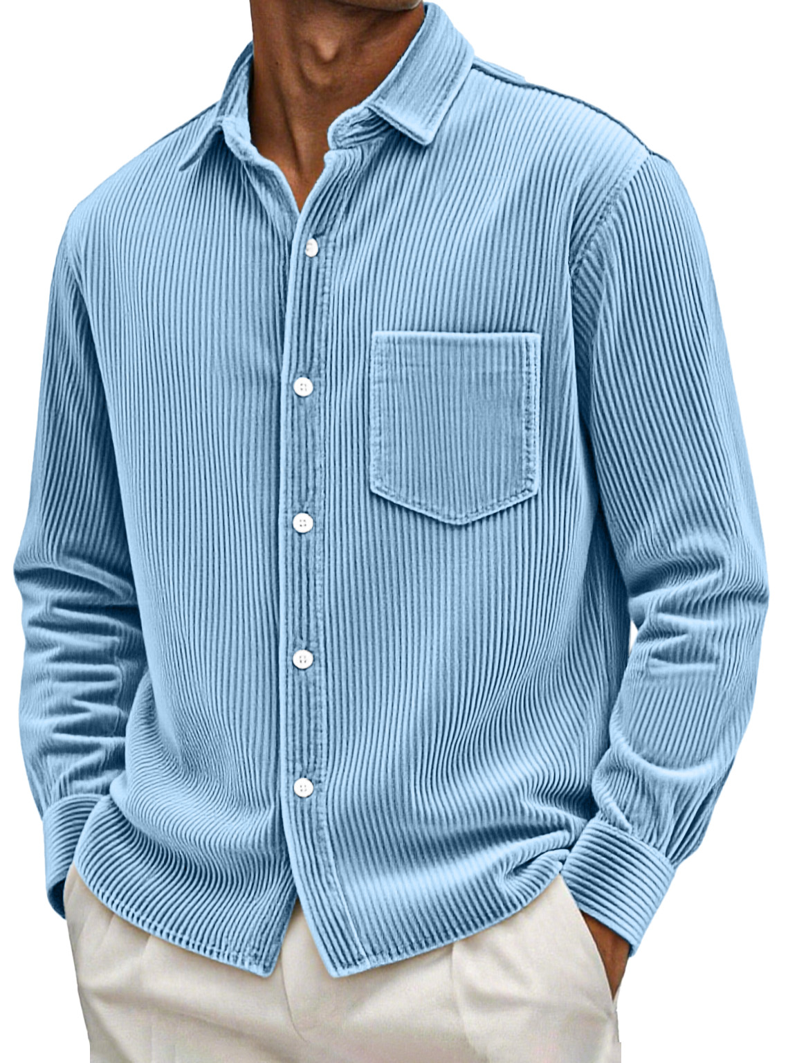 Men's Retro Casual Solid Color Corduroy Long Sleeve Shirt With Pockets