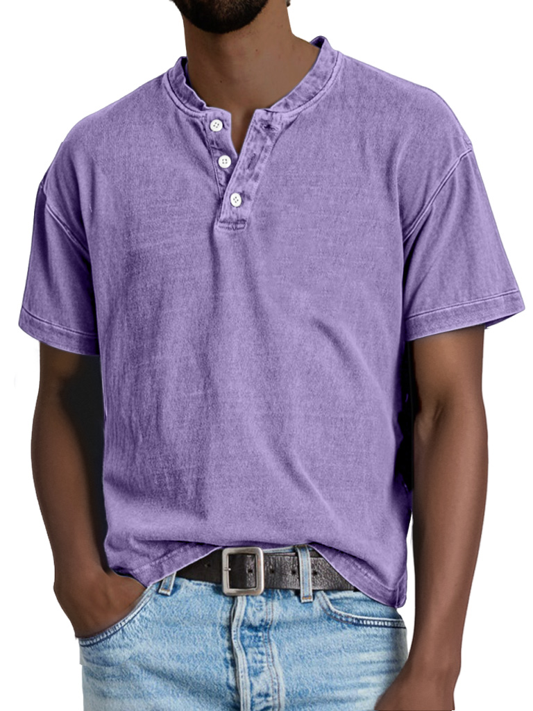 Men's Casual Solid Color Vintage Short Sleeve Button-down Henley Shirt