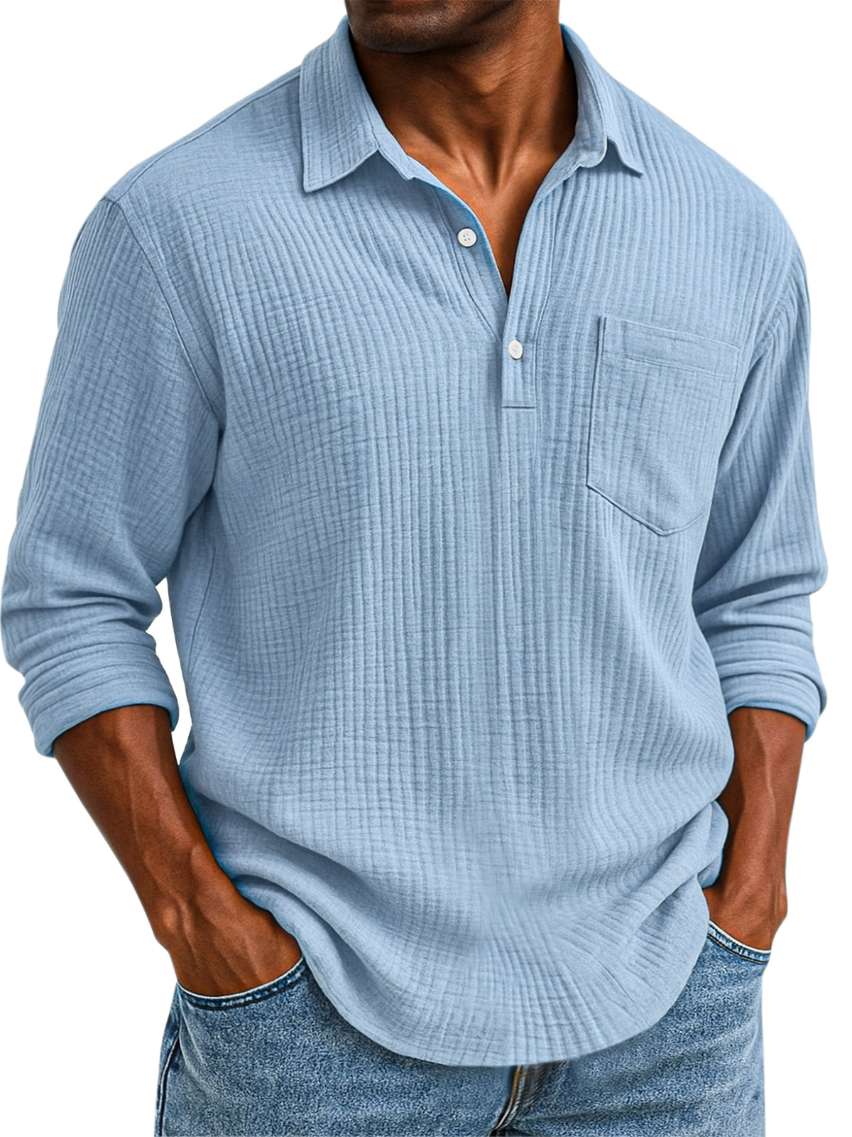 Men's Daily Casual Solid Color Textured Button Long Sleeve Polo Shirt