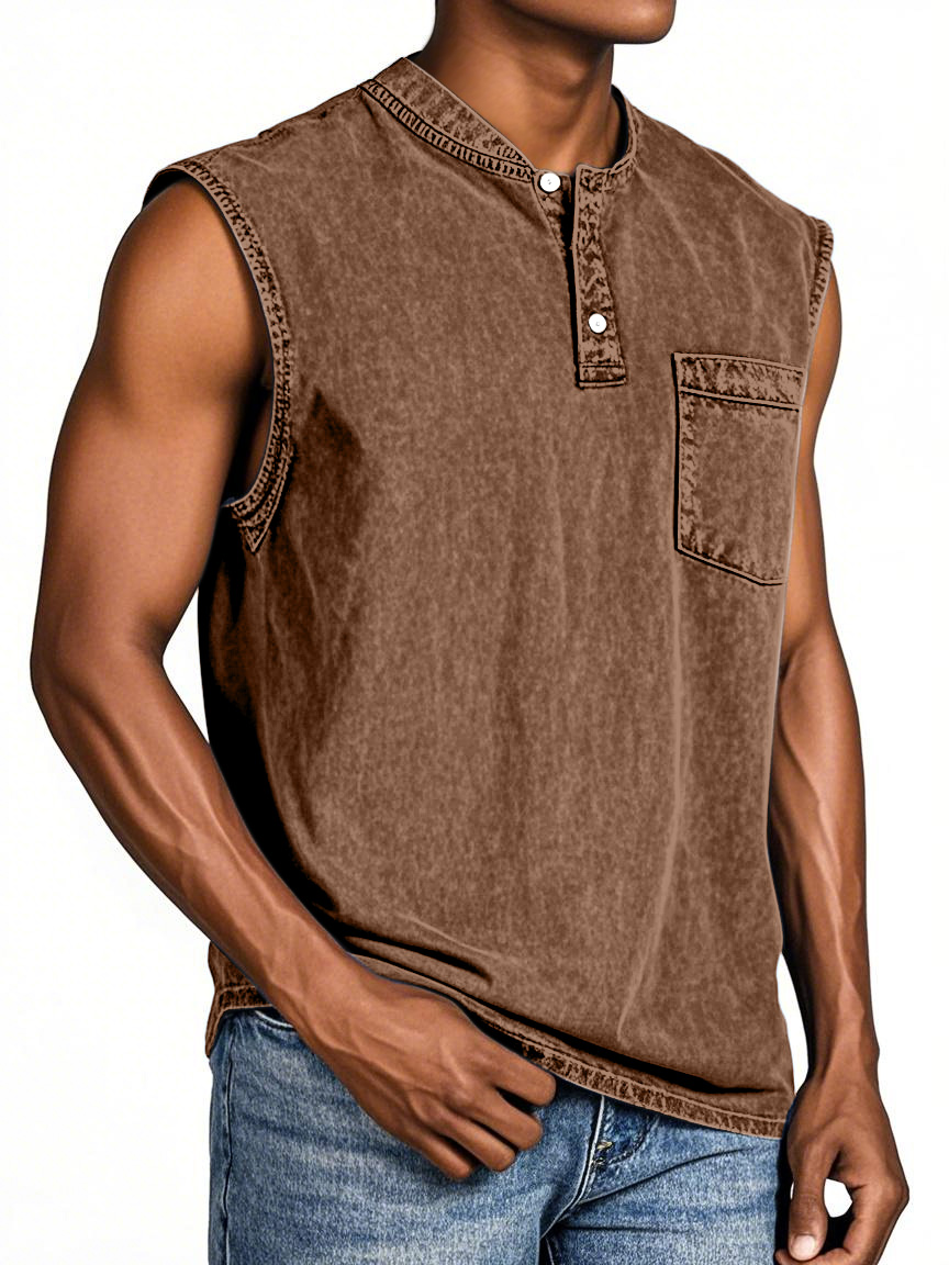 Men's Everyday Retro Solid Color Loose Sleeveless Henley Shirt