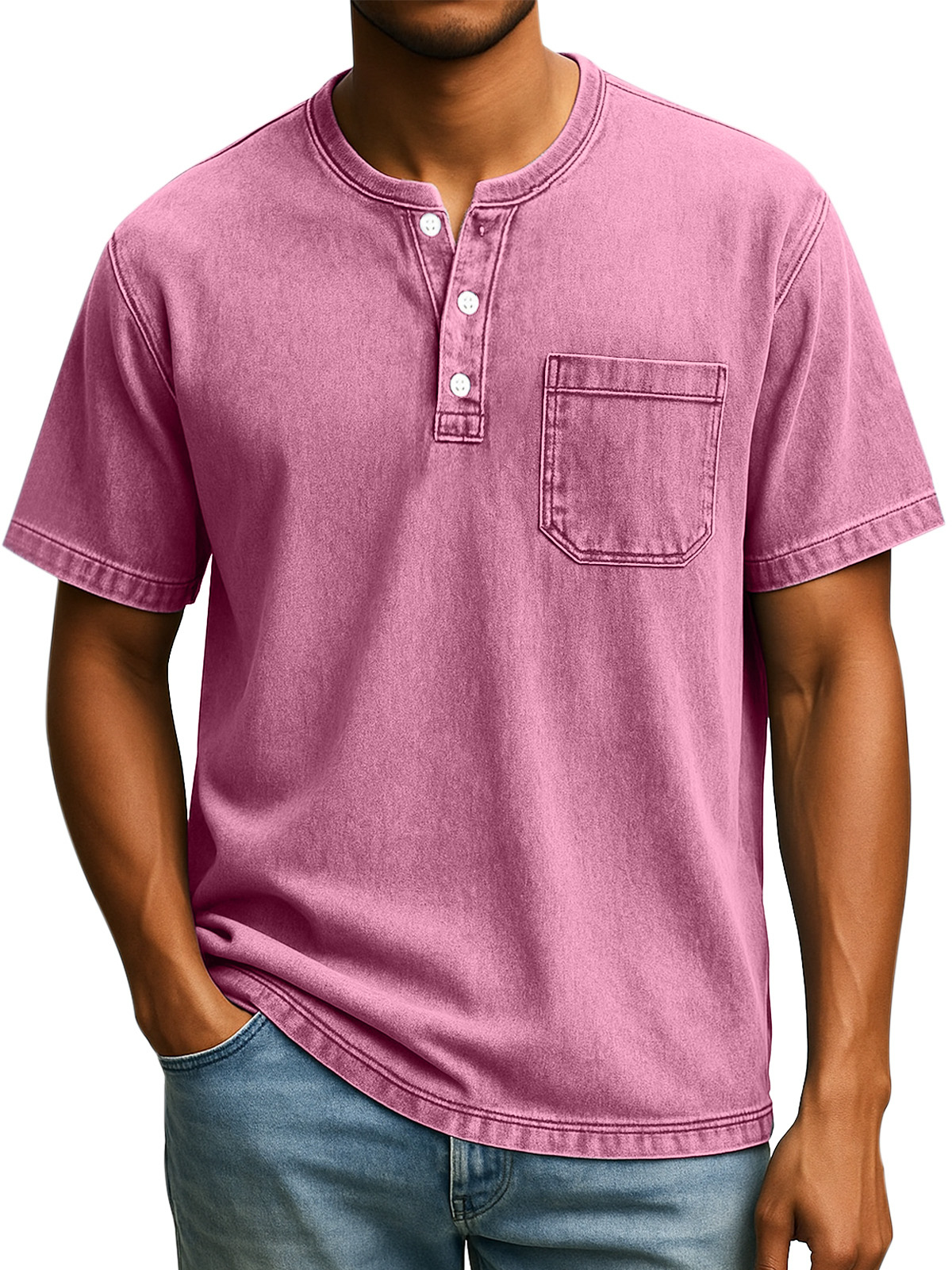 Men's Retro Casual Simple Solid Color Button Short Sleeve Henley Shirt