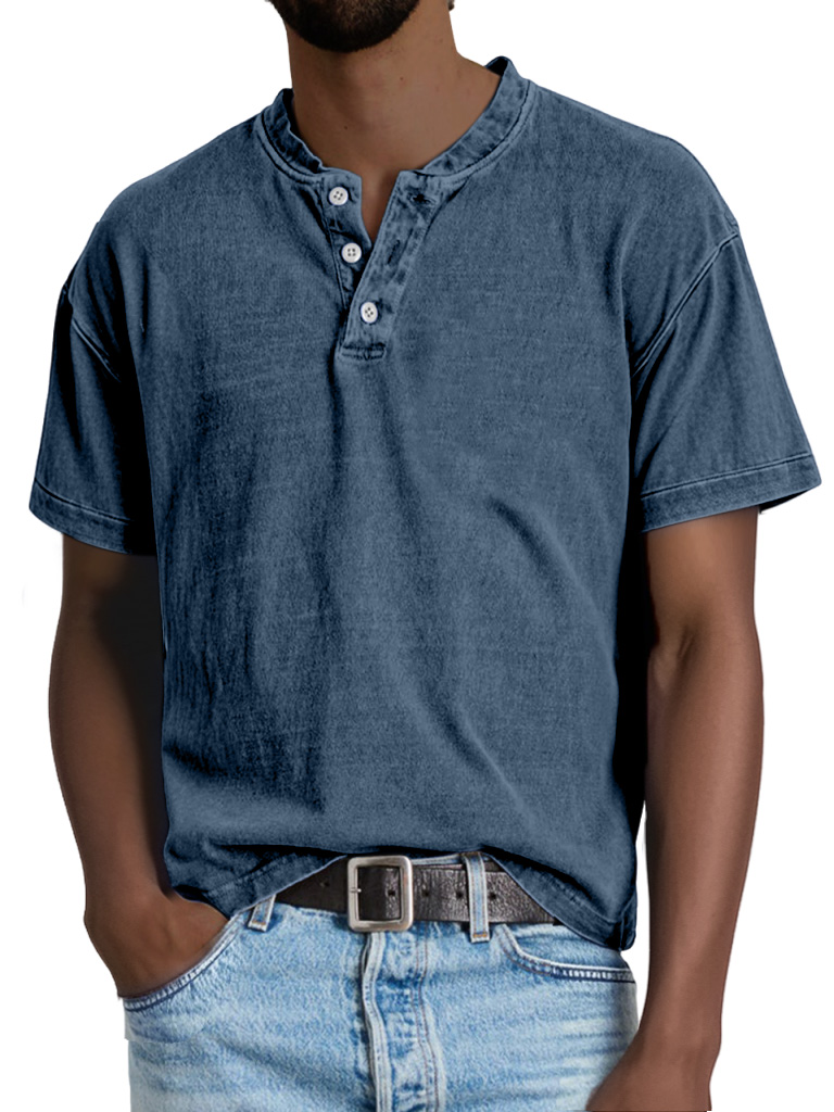 Men's Casual Solid Color Vintage Short Sleeve Button-down Henley Shirt