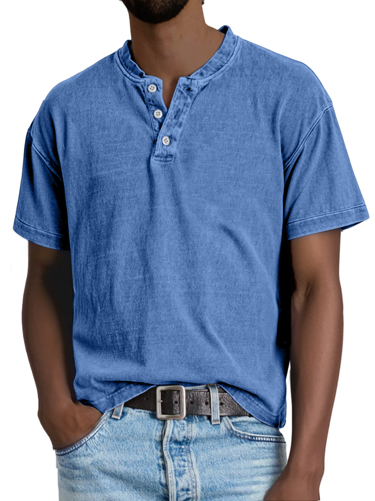 Men's Casual Solid Color Vintage Short Sleeve Button-down Henley Shirt