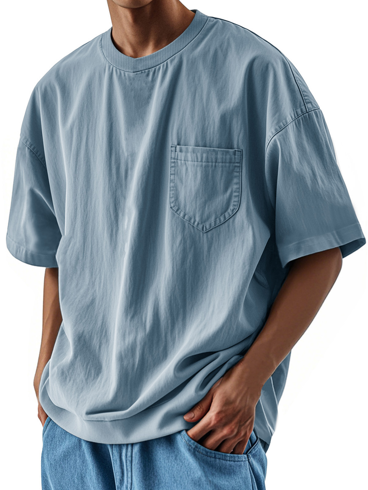 Men's Fashion Casual Retro Shirt Round Neck Pocket Short Sleeve T