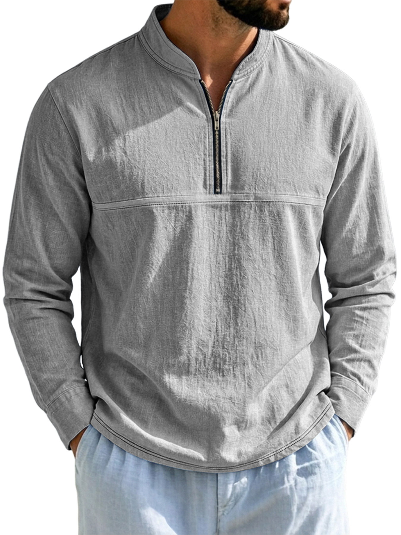 Men's Linen Stand-Collar Zip-Front Casual Long-Sleeve T-Shirt