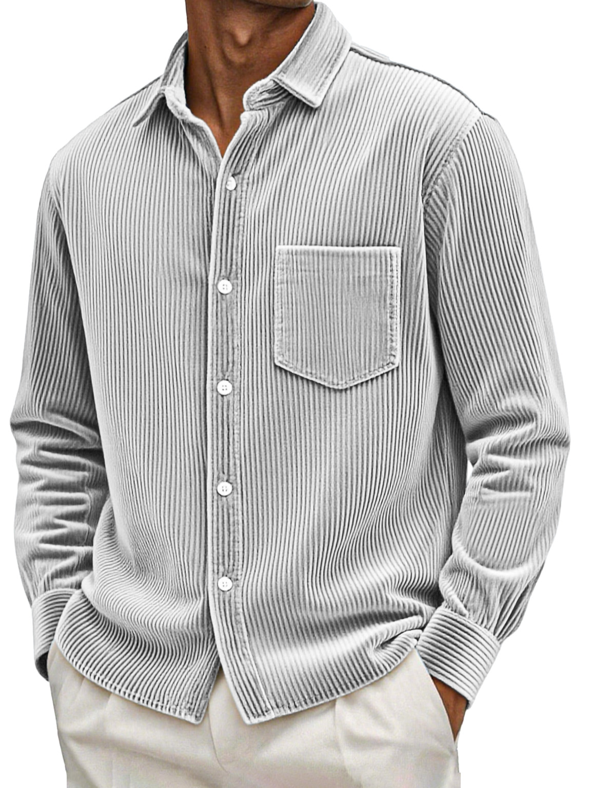 Men's Retro Casual Solid Color Corduroy Long Sleeve Shirt With Pockets