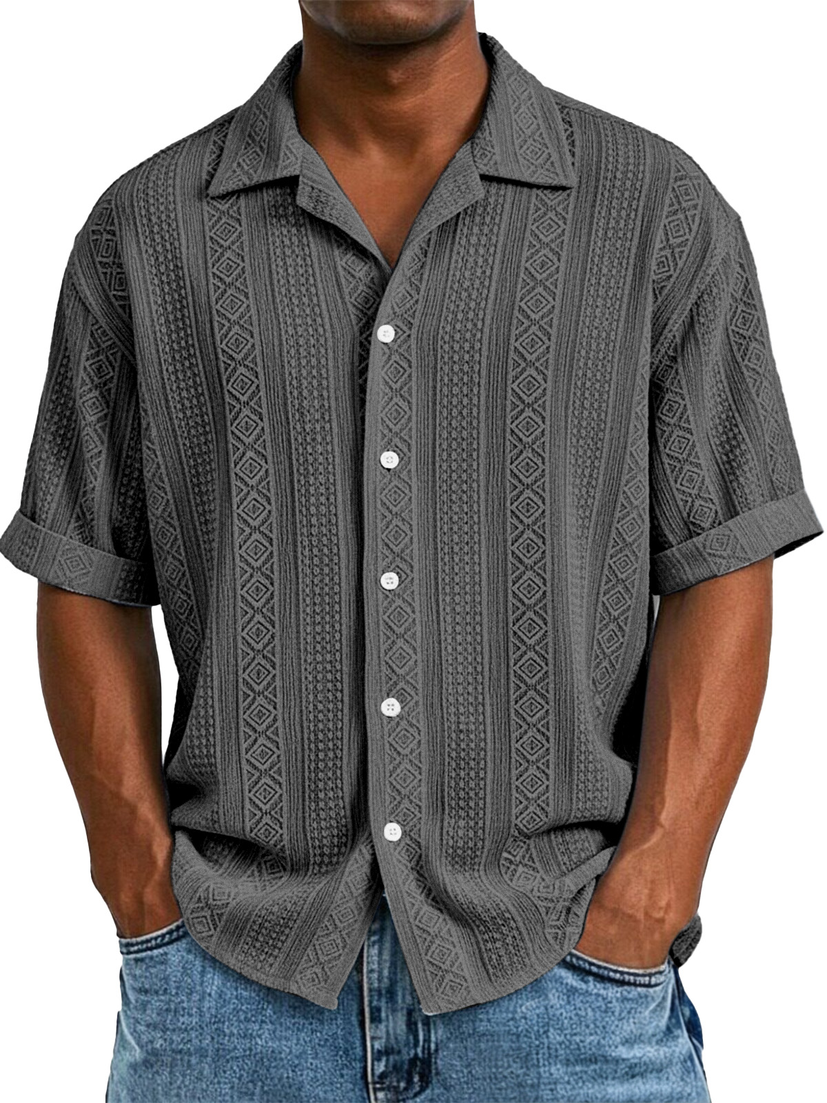 Men's simple casual solid color texture short-sleeved shirt