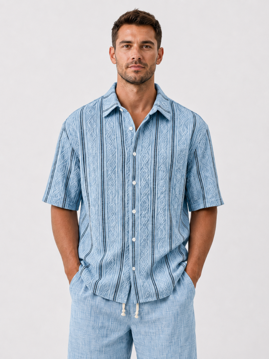Men's Casual Textured Breathable Collared Short-Sleeve Shirt