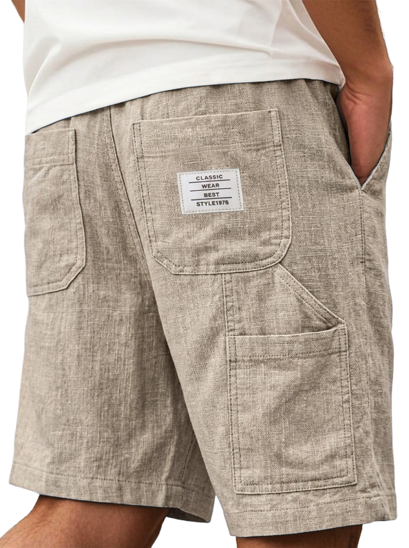 Men's Comfortable Cotton Linen Multi-Pocket Embroidered Logo Casual Cargo Shorts