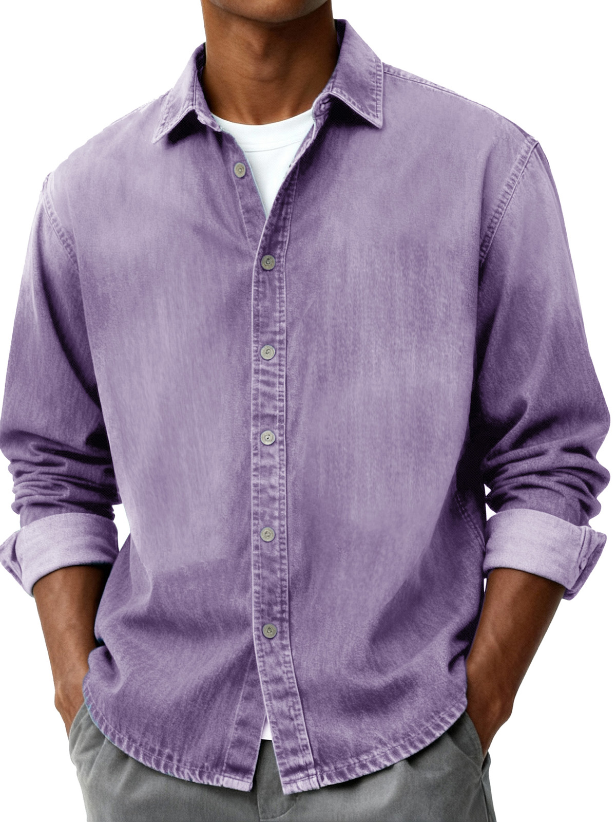 Men's Fashion Retro Distressed Pocket Collar Long-Sleeve Shirt