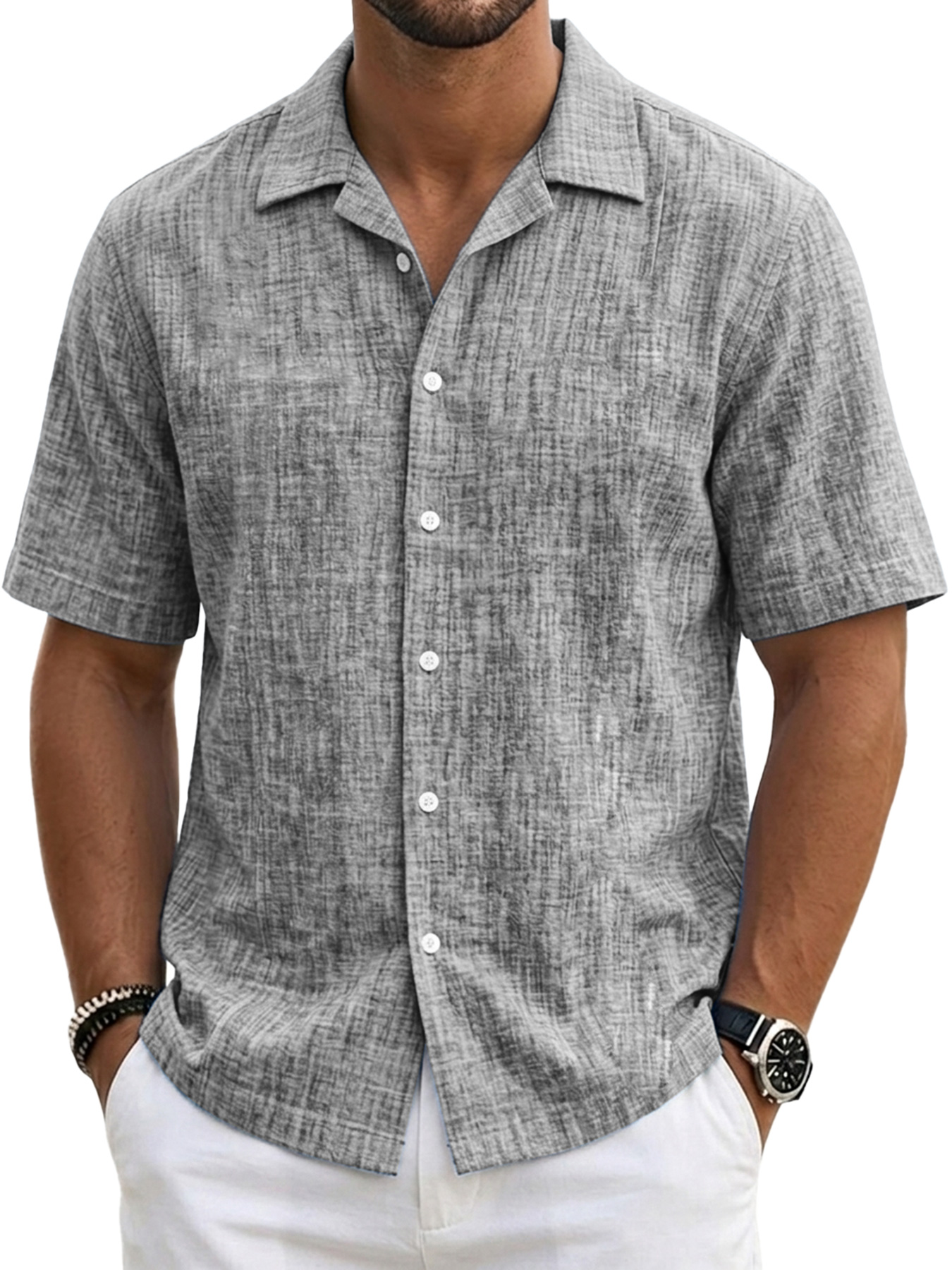 Men's Casual Linen Comfort Solid Color Short-Sleeve Shirt