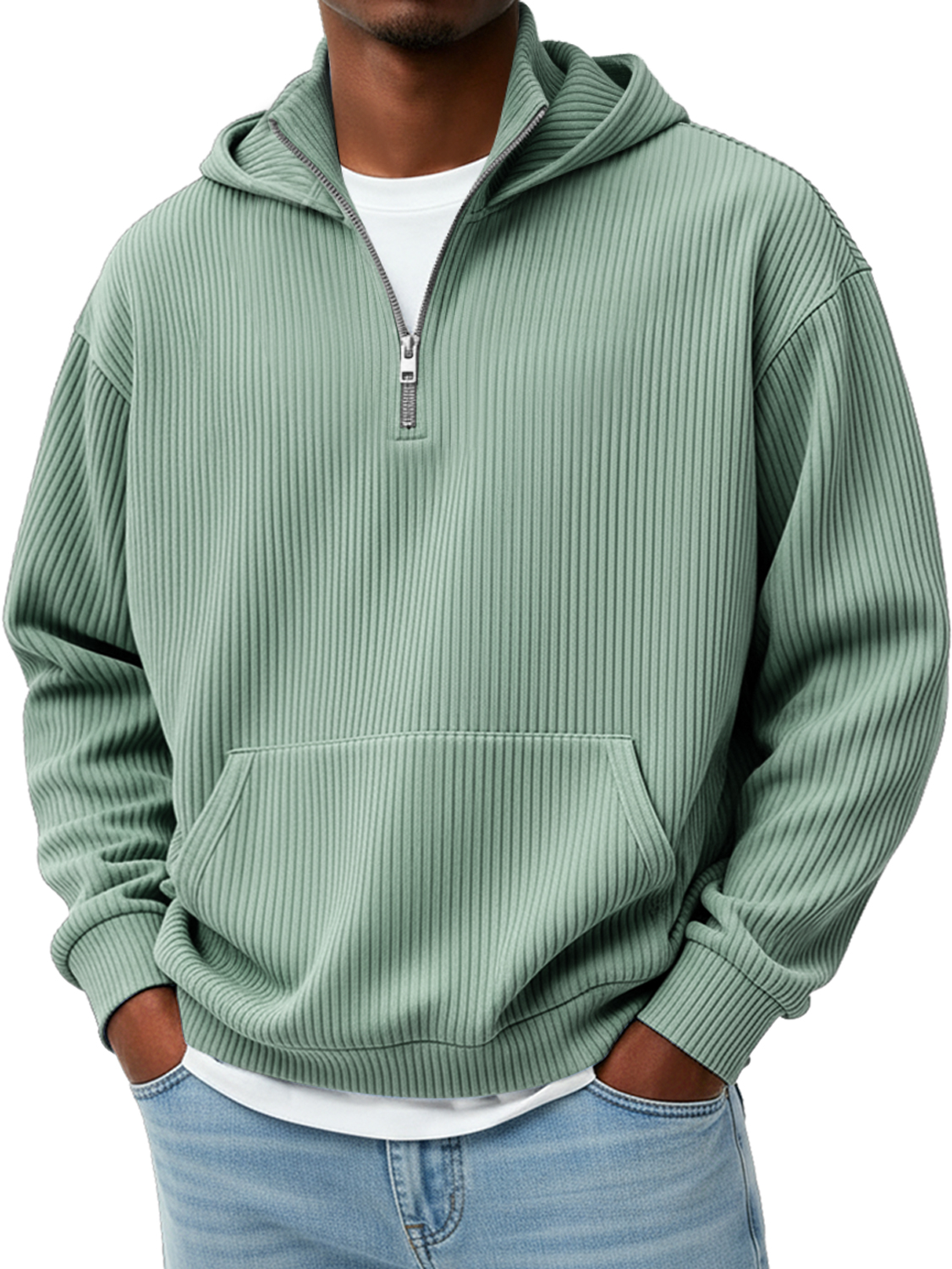 Men's Pit Stripe Stand Collar Zipper Casual Loose Hooded Sweatshirt