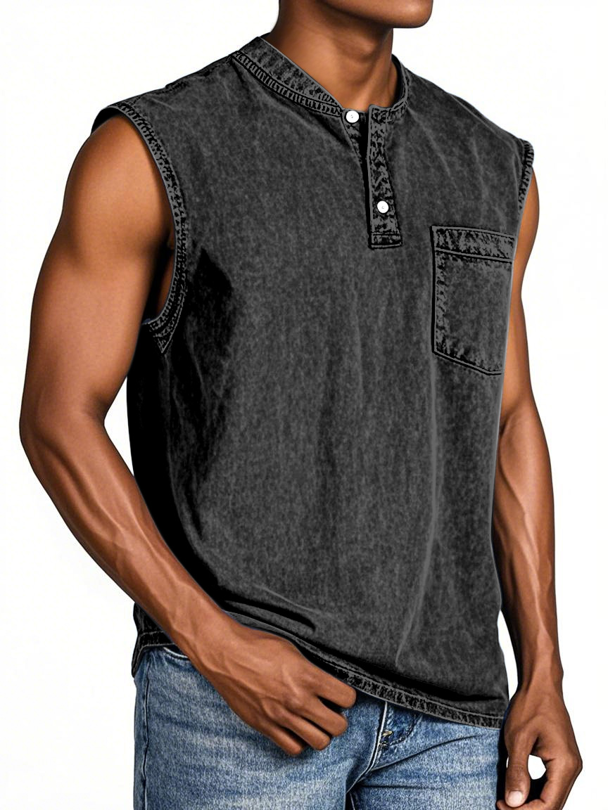 Men's Everyday Retro Solid Color Loose Sleeveless Henley Shirt