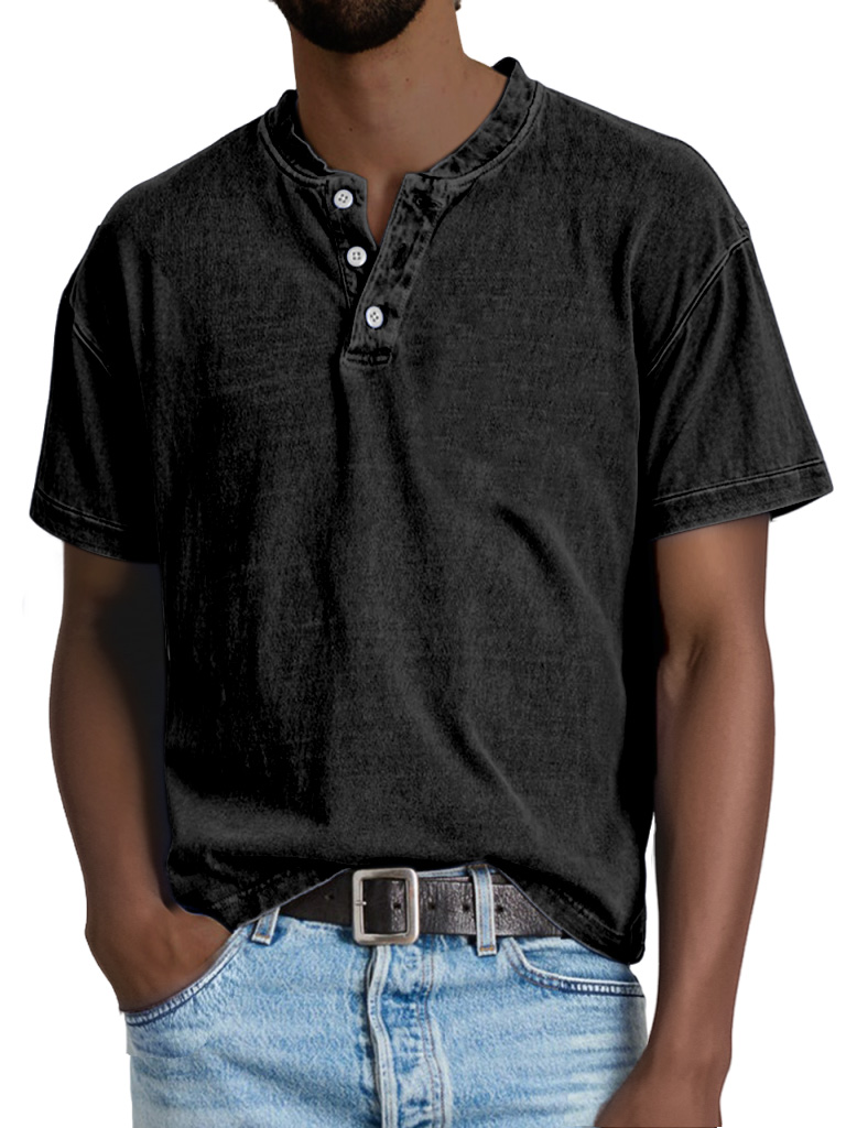 Men's Casual Solid Color Vintage Short Sleeve Button-down Henley Shirt