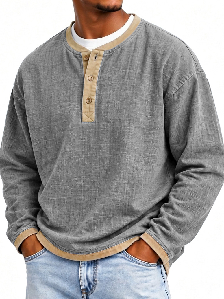 Men's Fashionable Patchwork Linen Fabric Long-sleeved Henley Shirt