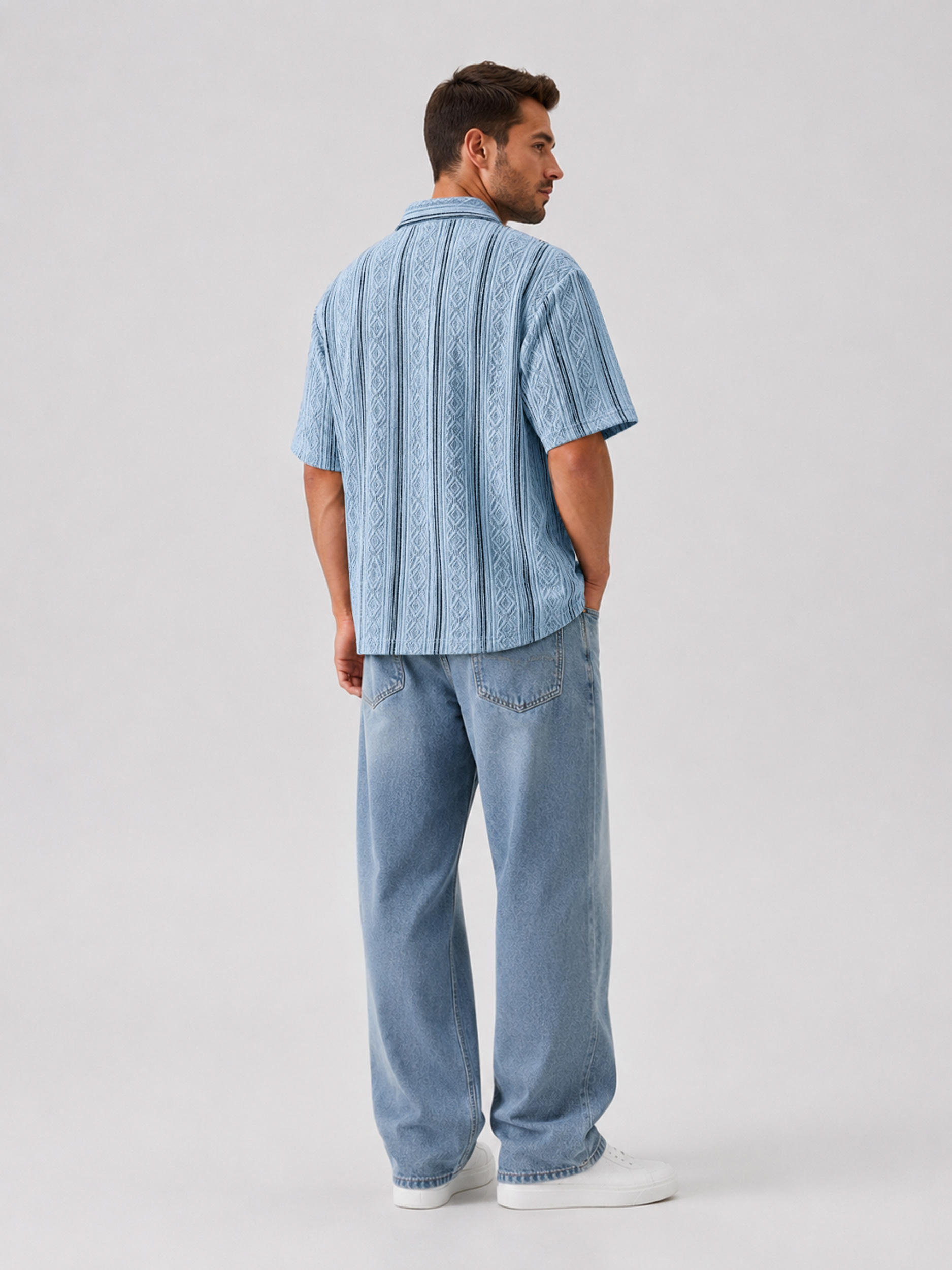 Men's Jacquard Textured Collar Button Casual Short-sleeved Polo Shirt