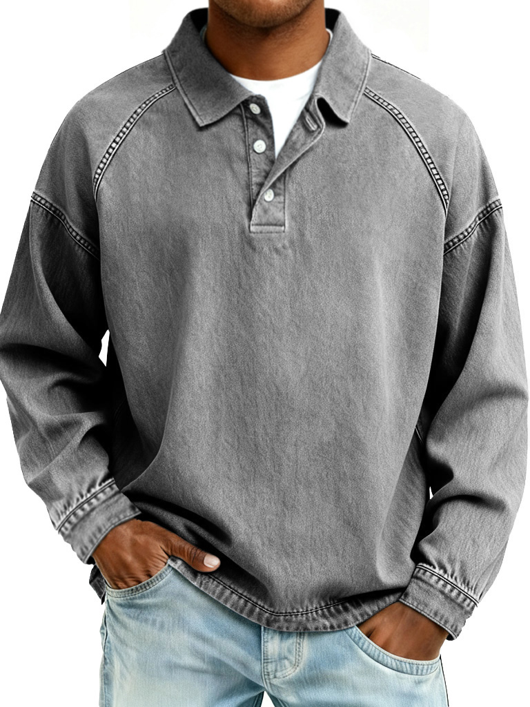 Men's Retro Fashion Distressed Raglan Sleeve Lapel Long-Sleeve Polo Shirt