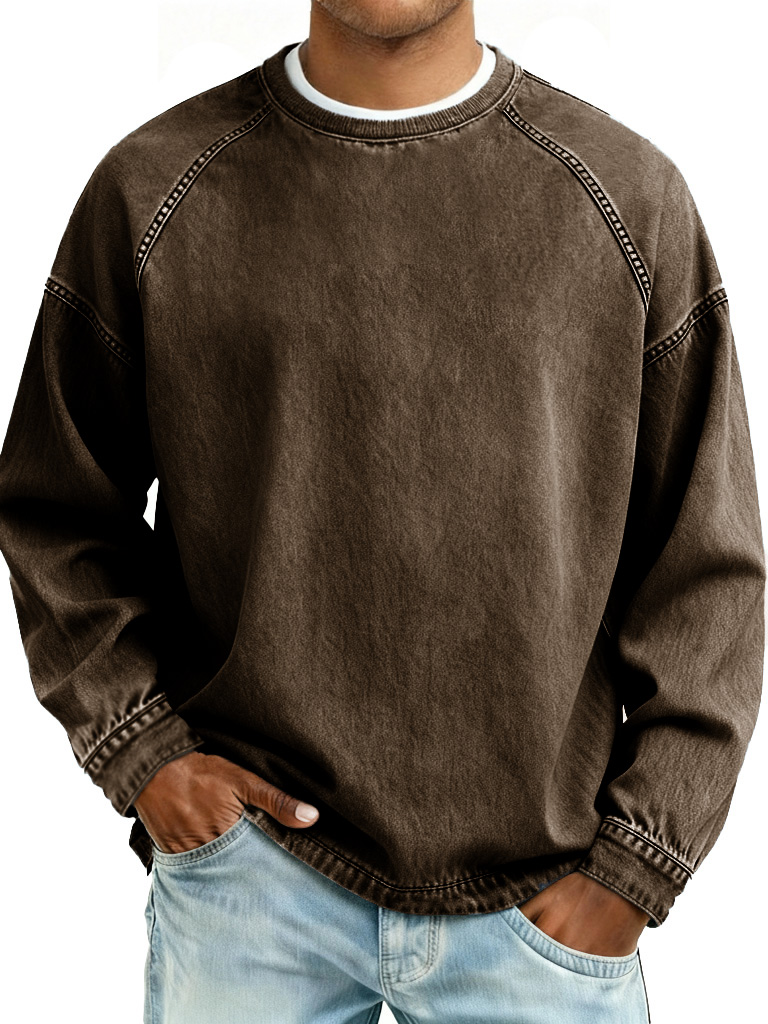 Men's Retro Fashion Distressed Crew Neck Long-Sleeve Loose Sweatshirt
