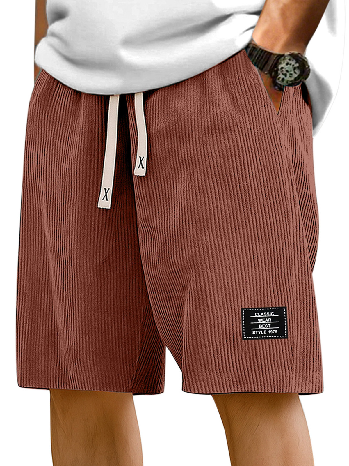 Men's Simple Solid Color Pit Stripe Logo Casual Shorts
