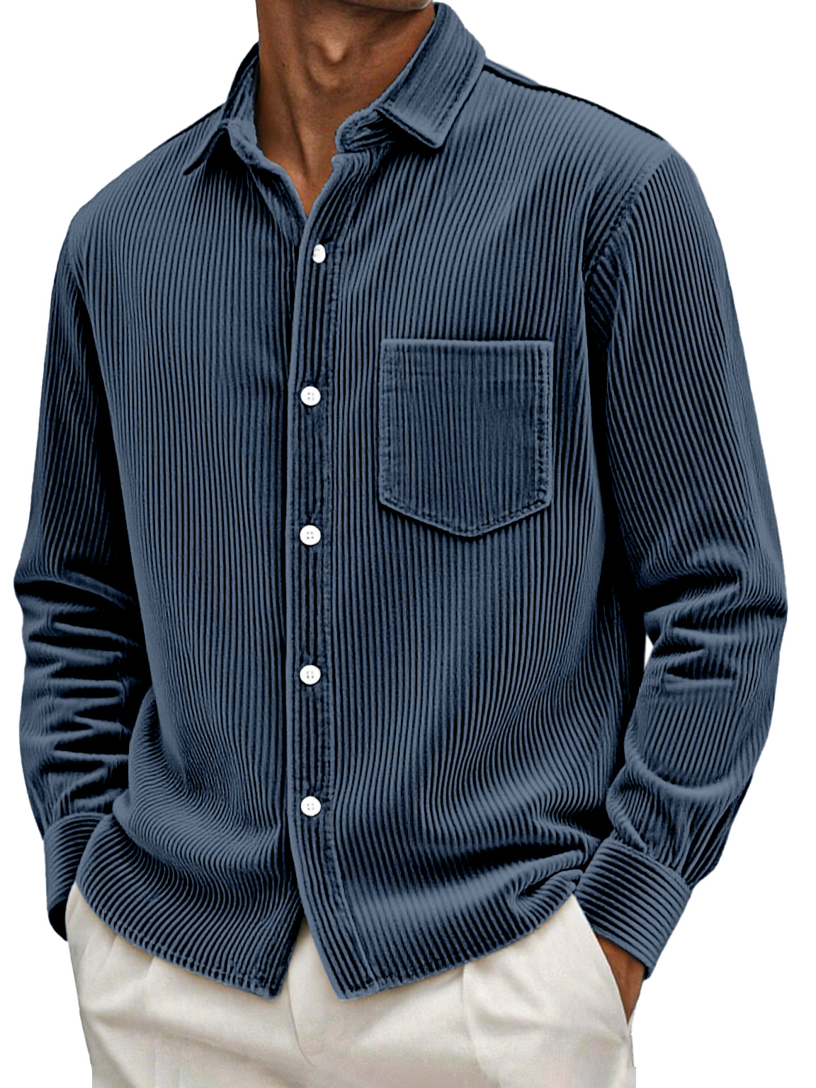 Men's Retro Casual Solid Color Corduroy Long Sleeve Shirt With Pockets