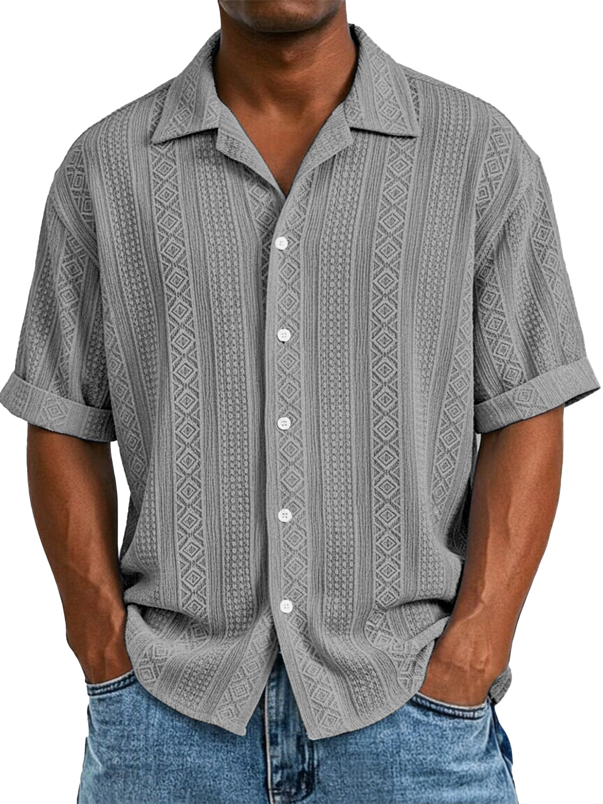 Men's simple casual solid color texture short-sleeved shirt