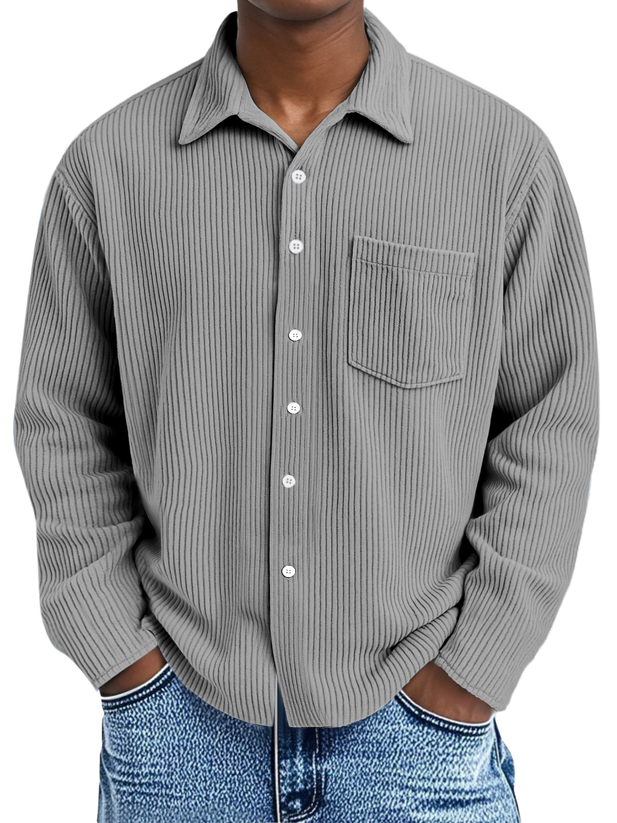 Men's Loose Casual Corduroy Loose Lapel Long Sleeve Shirt With Pockets