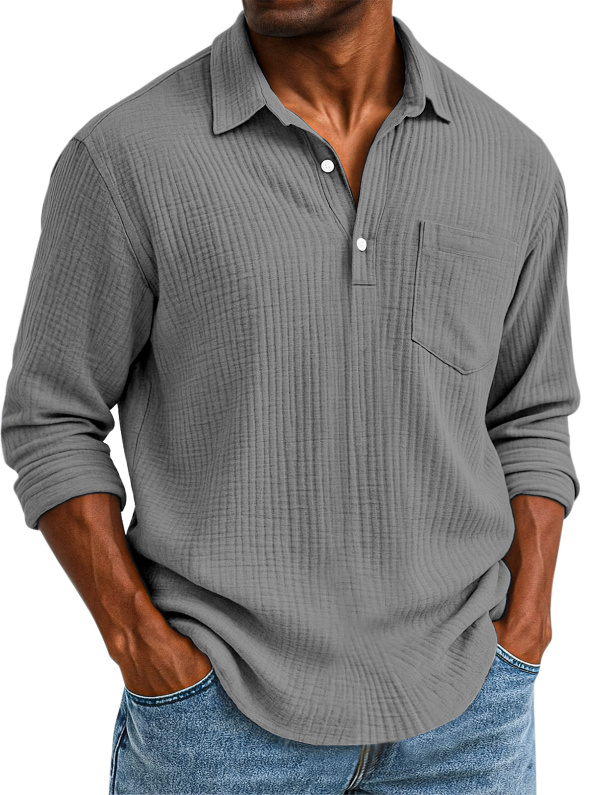 Men's Daily Casual Solid Color Textured Button Long Sleeve Polo Shirt
