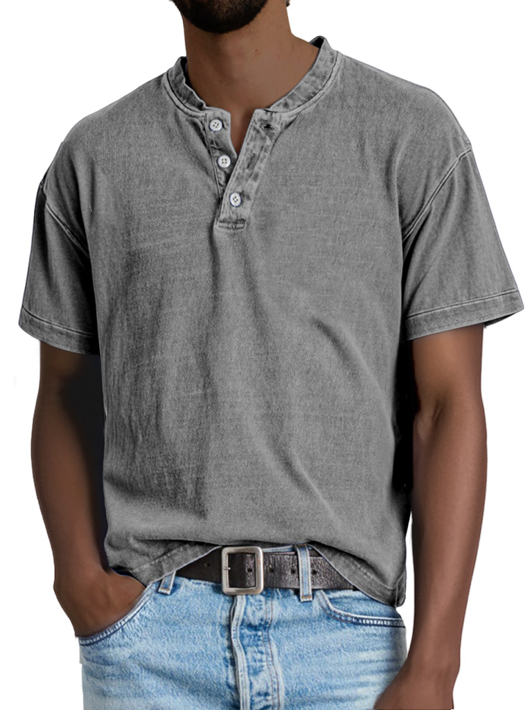 Men's Casual Solid Color Vintage Short Sleeve Button-down Henley Shirt