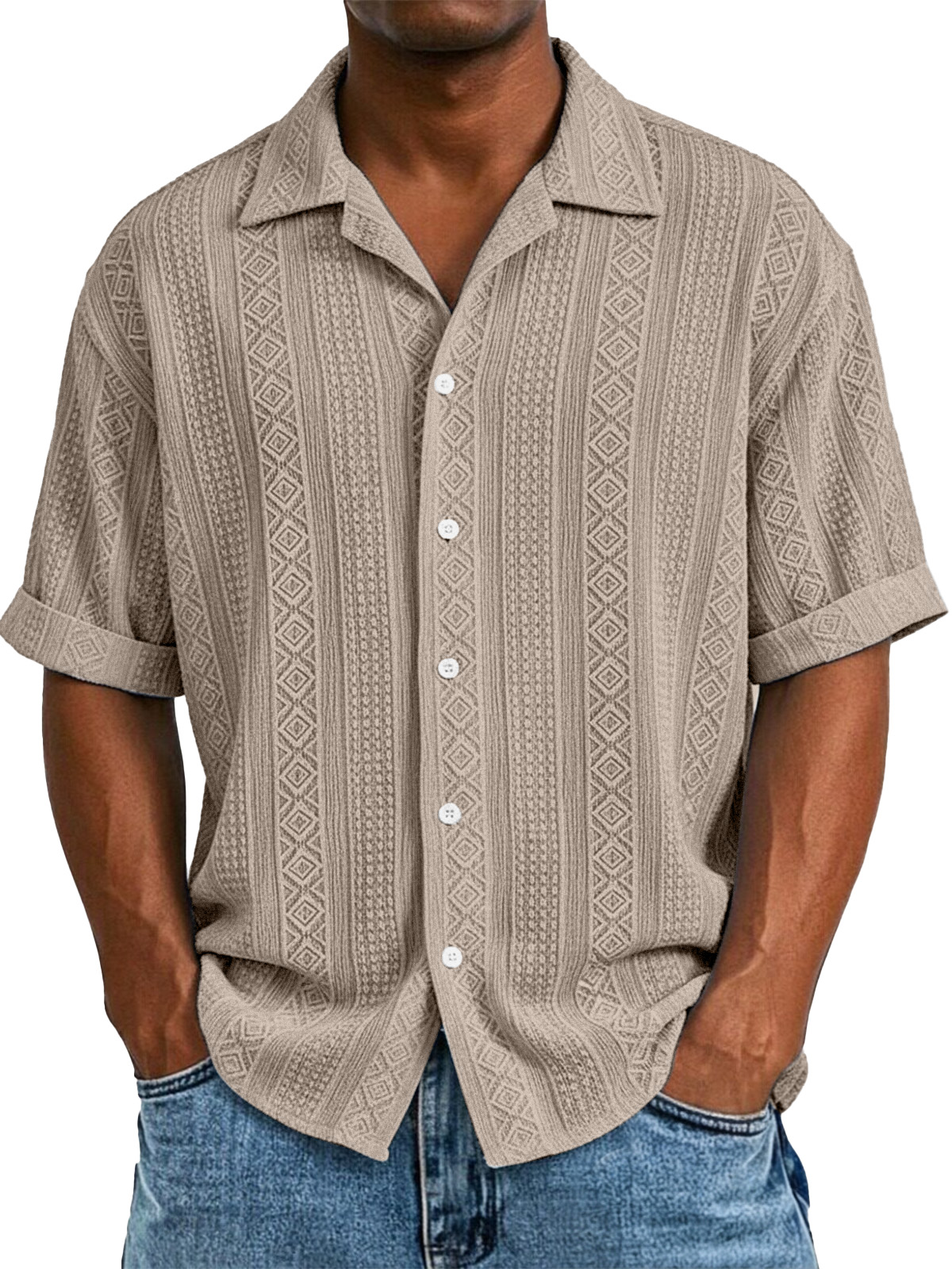 Men's simple casual solid color texture short-sleeved shirt