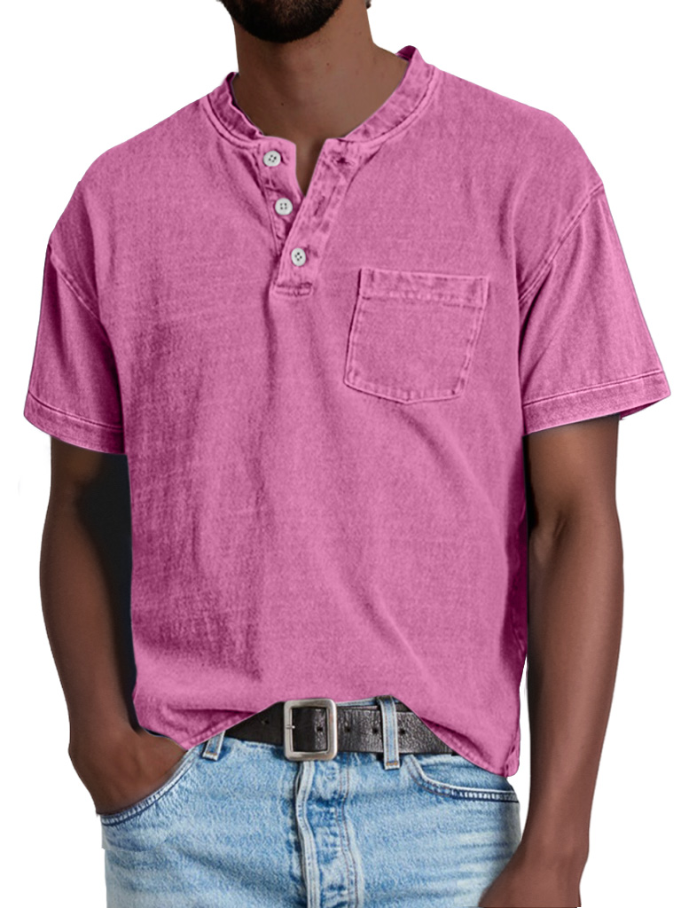 Men's Retro Casual Solid Color Pocket Short Sleeve Henley Shirt
