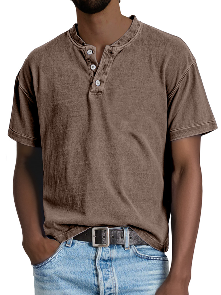 Men's Casual Solid Color Vintage Short Sleeve Button-down Henley Shirt