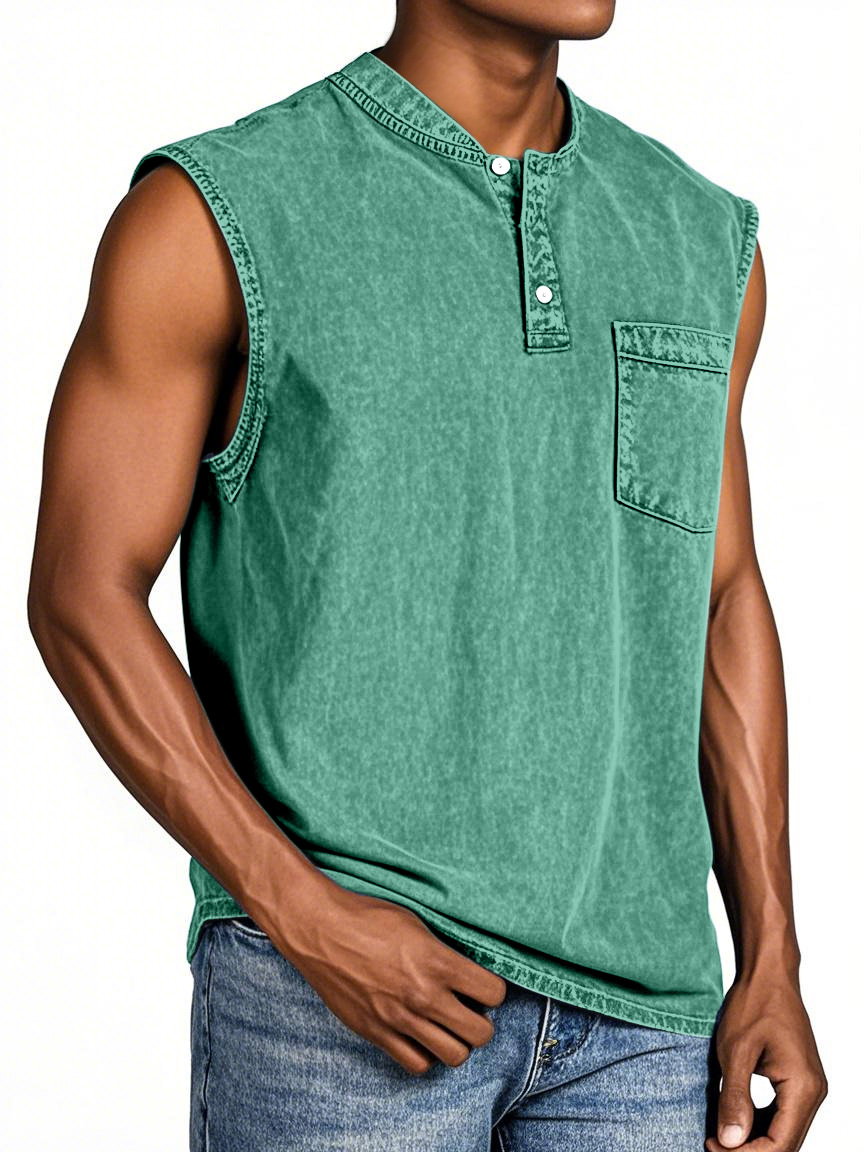 Men's Everyday Retro Solid Color Loose Sleeveless Henley Shirt