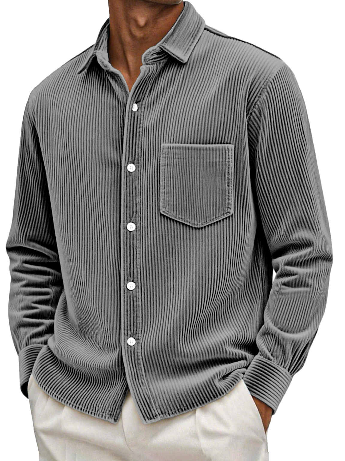 Men's Retro Casual Solid Color Corduroy Long Sleeve Shirt With Pockets