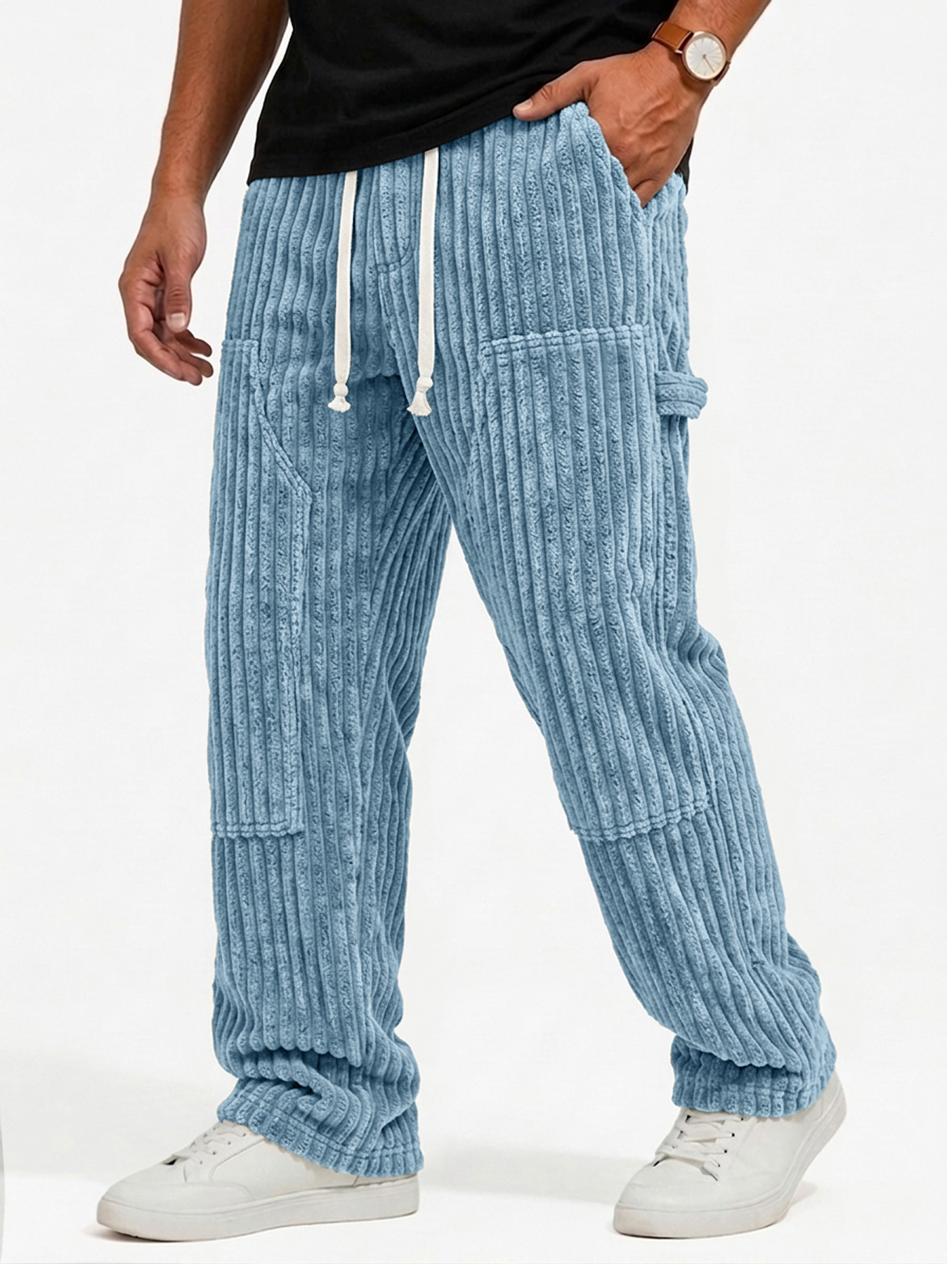Men's Retro Corduroy Casual Cargo Pants with Multi-Pocket Patchwork Design