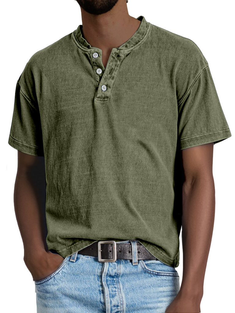 Men's Casual Solid Color Vintage Short Sleeve Button-down Henley Shirt