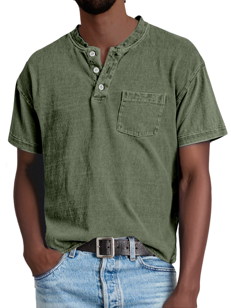Men's Retro Casual Solid Color Pocket Short Sleeve Henley Shirt