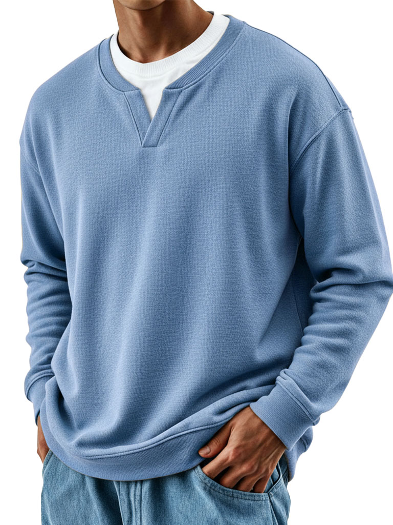 Men's Stylish Casual Retro Fake Two-piece V-neck Loose-fitting Long-sleeved Sweatshirt 