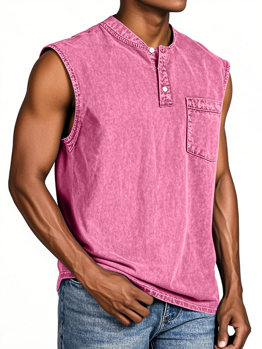 Men's Everyday Retro Solid Color Loose Sleeveless Henley Shirt
