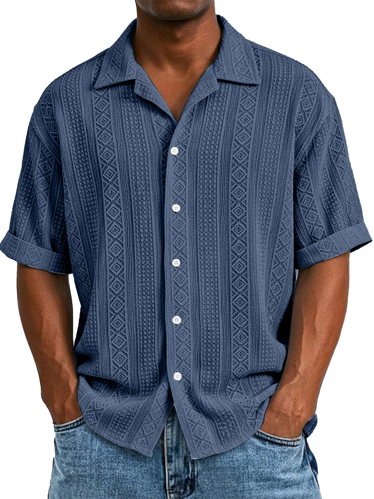 Men's simple casual solid color texture short-sleeved shirt