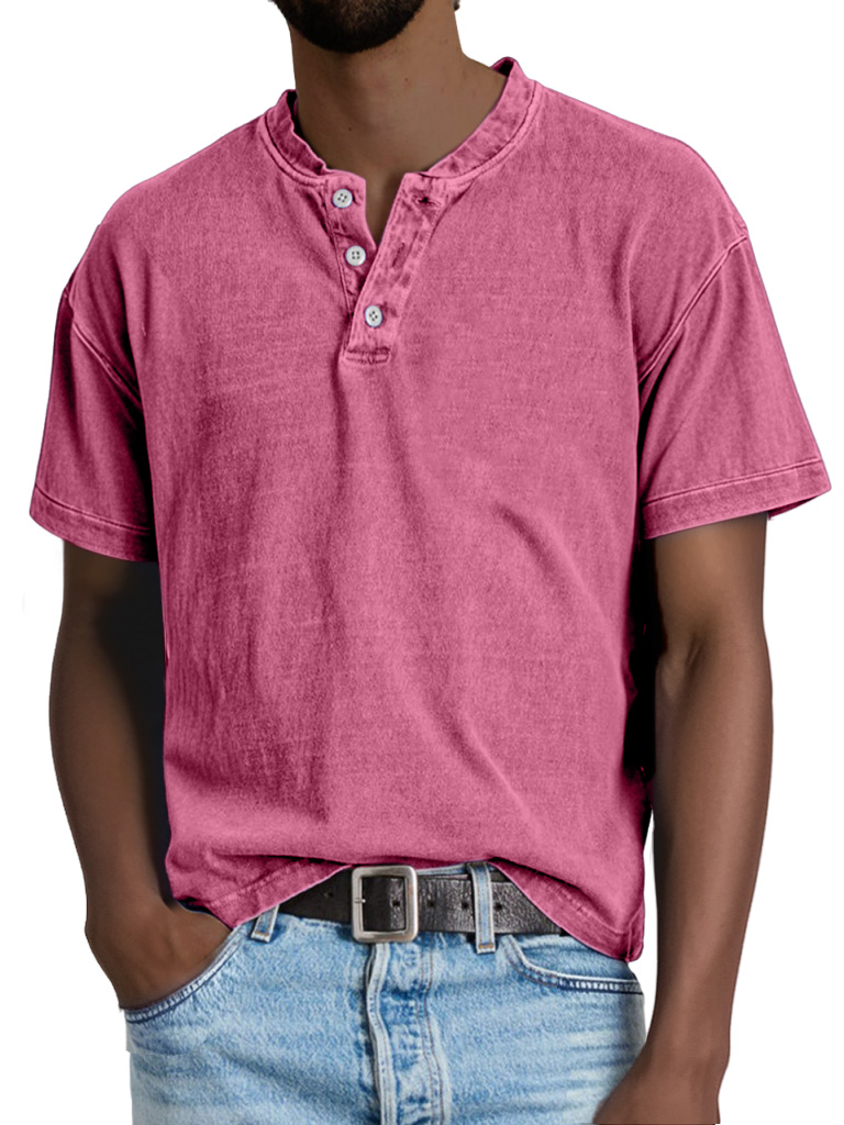 Men's Casual Solid Color Vintage Short Sleeve Button-down Henley Shirt