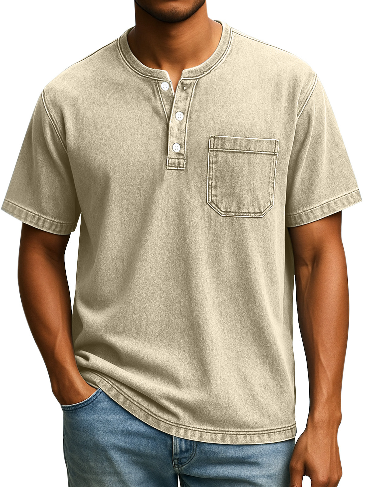 Men's Retro Casual Simple Solid Color Button Short Sleeve Henley Shirt