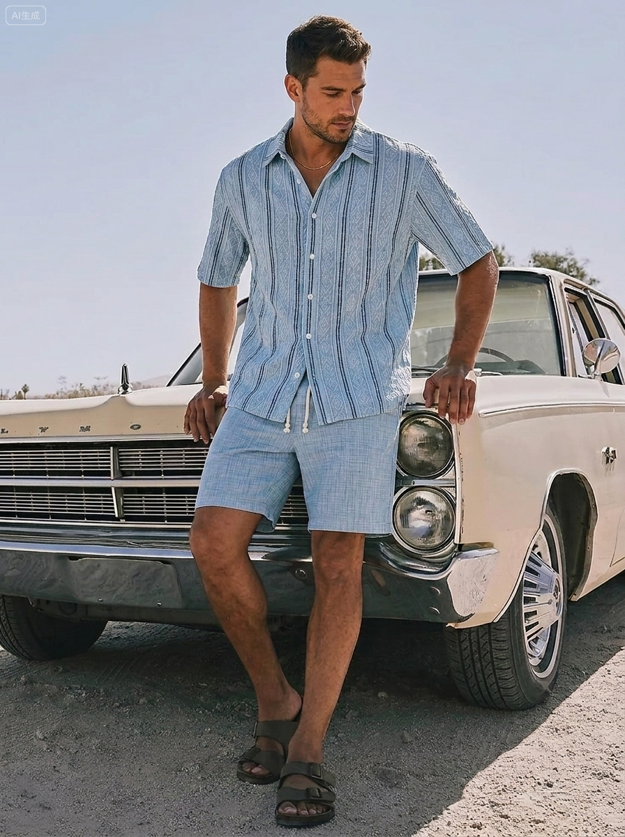 Men's Casual Textured Breathable Collared Short-Sleeve Shirt