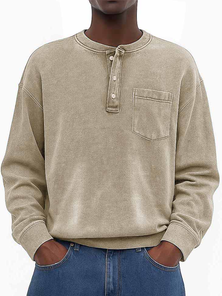 Men's Stylish Vintage Washed And Distressed Fabric Loose-fitting Long-sleeved Henley Shirt With Pockets