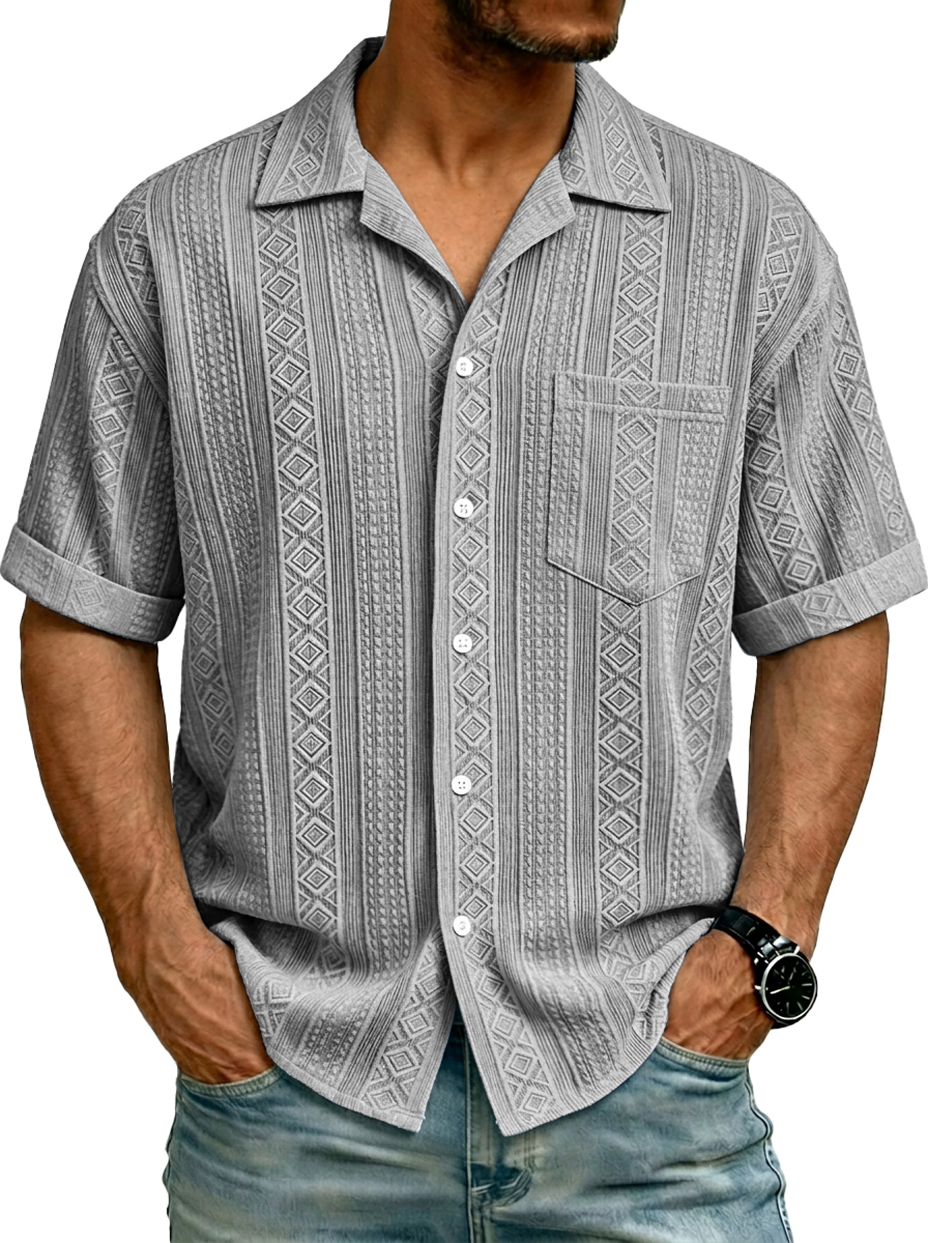Men's Simple Textured Pocket Casual Short-Sleeve Shirt